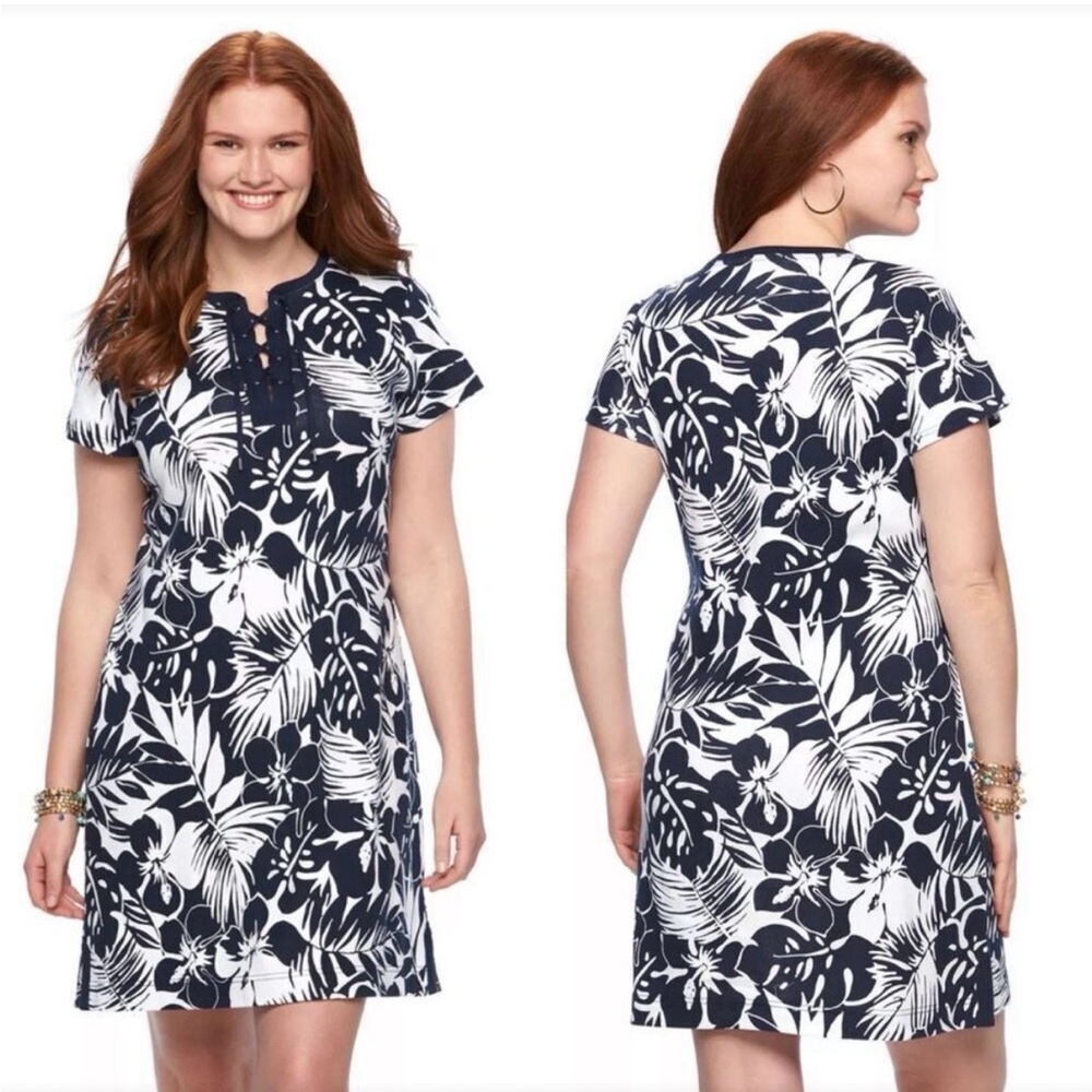 Chaps Tropical Print T-Shirt Dress in Navy And White Women’s Size Large Petite